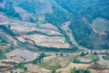 Beautiful terraced rice field in water pulling season in Y Ty, Bat Xat, Lao cai province in Vietnam