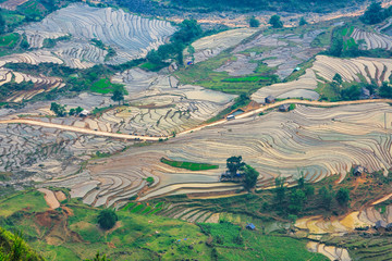 Beautiful terraced rice field in water pulling season in Y Ty, Bat Xat, Lao cai province in Vietnam