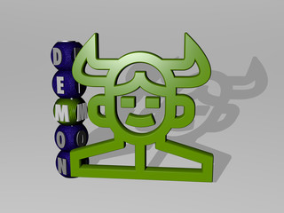 DEMON 3D icon and dice letter text - 3D illustration for devil and background