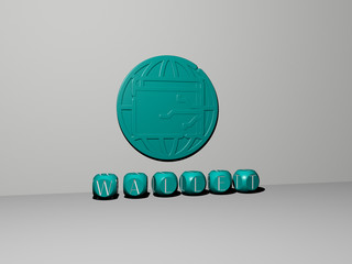 wallet 3D icon on the wall and text of cubic alphabets on the floor - 3D illustration for money and business