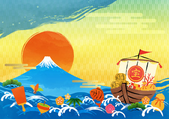 illustration of Mt.Fuji and treasure ship