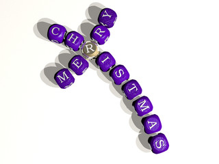 MERRY CHRISTMAS crossword of curved text made of individual letters - 3D illustration for background and card