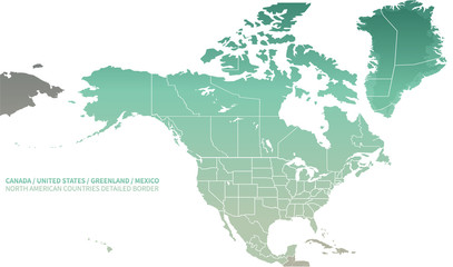 North American Countries Map. 
The main boundary map of Canada, the United States, Greenland, and Mexico.