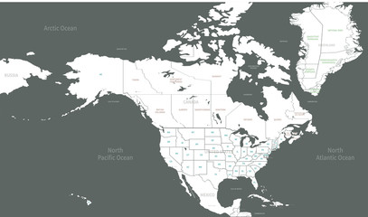 Obraz premium North American Countries Map. The main boundary map of Canada, the United States, Greenland, and Mexico.