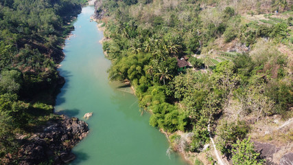 Aerial view of the clean and green Oyo river. Bantul Yogyakarta