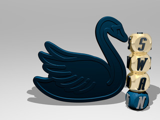 swan 3D icon beside the vertical text of individual letters - 3D illustration for bird and beautiful