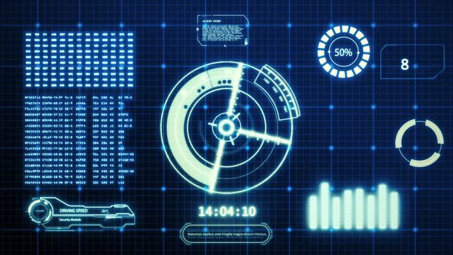 HUD driving car speed user interface computer screen display with pixels background. Blue abstract digital transformation hologram holographic technology concept. Sci-fi. 4K motion graphic footage