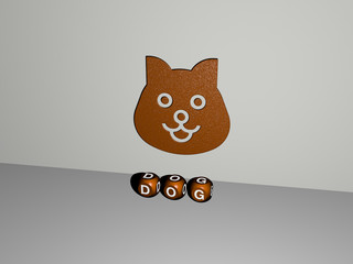3D representation of DOG with icon on the wall and text arranged by metallic cubic letters on a mirror floor for concept meaning and slideshow presentation for animal and cute