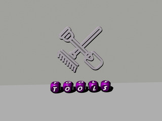 3D illustration of TOOLS graphics and text made by metallic dice letters for the related meanings of the concept and presentations for background and equipment