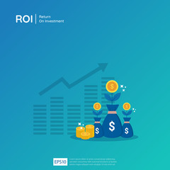 Business growth arrows to success. Sacks of dollar plant and coins symbol. Return on investment vector illustration