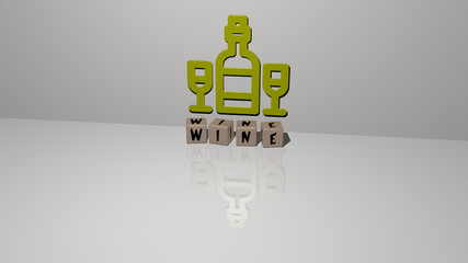 wine text of cubic dice letters on the floor and 3D icon on the wall - 3D illustration for background and alcohol