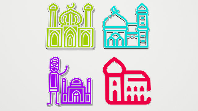 mosque colorful set of icons - 3D illustration for architecture and building