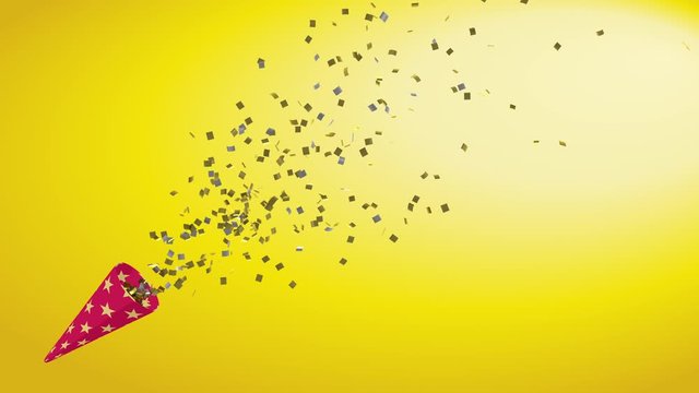 Party cracker exploding animation, flying confetti - Golden background