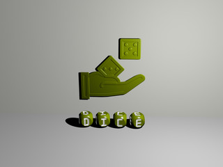DICE 3D icon on the wall and text of cubic alphabets on the floor - 3D illustration for background and casino