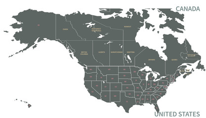 North American Countries Map. 
The main boundary map of Canada, the United States. - obrazy, fototapety, plakaty
