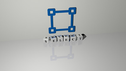 SELECT text of cubic dice letters on the floor and 3D icon on the wall - 3D illustration for background and focus