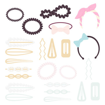 Set of hair ornaments. Hairpins, elastic bands, hair bands. Cute cartoon icons. Vector illustration isolated on white background.