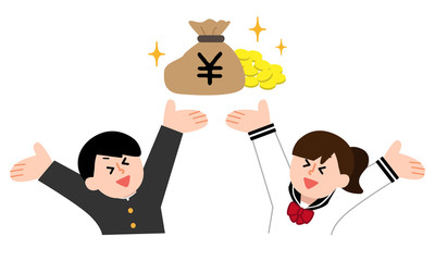 お金とバンザイする学生服男女
