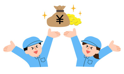 お金とバンザイする作業員男女