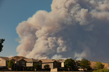 Californian seasonal fire with high smoke cloud in suburban neighborhood