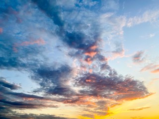 Blue sky with white clouds at sunset in summer time.Free space.