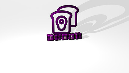 toast 3D icon object on text of cubic letters - 3D illustration for bread and breakfast