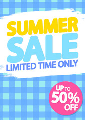 Summer Sale up to 50% off, poster design template, season best offer, vector illustration