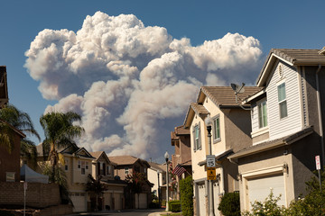 Californian seasonal fire with high smoke cloud in suburban neighborhood