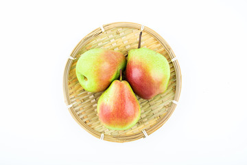 Fresh red crispy pears on white background