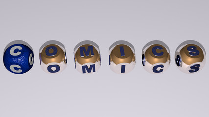 COMICS text by cubic dice letters - 3D illustration for cartoon and art