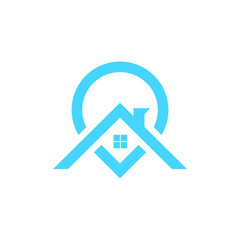 Home search logo - house with window and chimney and magnifier symbol. Home, house, building logo. Vector stock illustration.