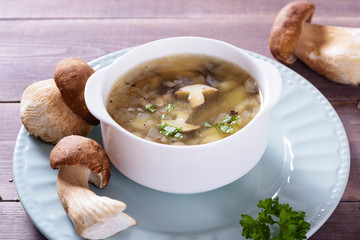Mushroom soup plate with porcini mushrooms, fresh parsley and pepper on rustic texture background
