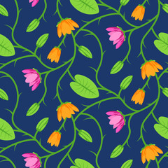 Seamless floral pattern with of red, orange roses on dark blue background. Vector illustration.