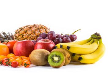 many kinds of fruits on a bright background, such as apples, bananas, pineapples, oranges, etc