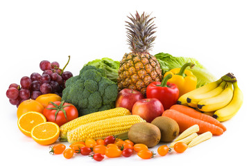Variety of fresh fruits and vegetables on white background