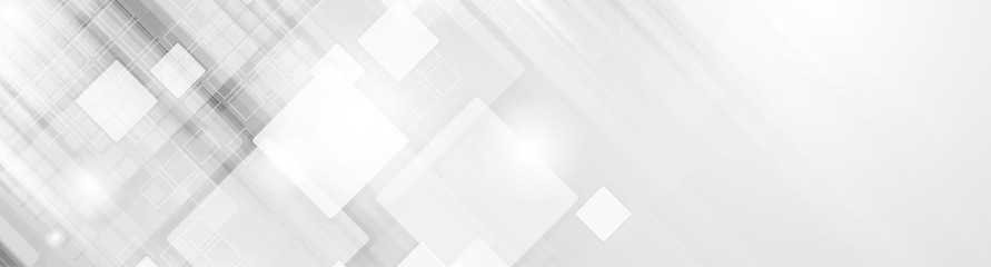 Grey and white glossy squares abstract hi-tech banner design. Futuristic geometric vector background