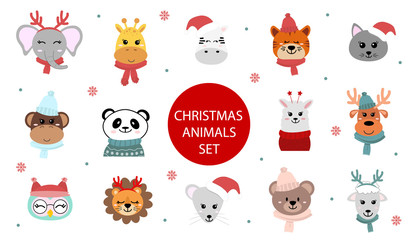 Set of cute christmas animals characters. Cartoon zoo. Vector illustration in flat style. African and Siberian animals.