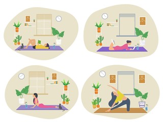 People stay at home. women working, doing exercises and yoga, relax, during quarantine. Work, leisure and hobby on isolation. Vector illustration in flat cartoon style.