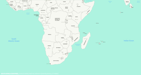 South Africa Countries map. Detailed world Map Vector with Country,Capital,City Names.