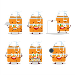 Cartoon character of orange lunch box with various chef emoticons