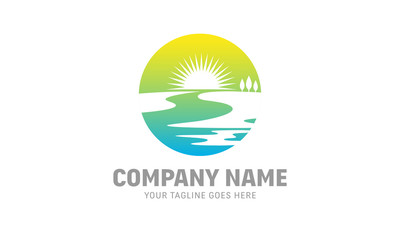 Colorful Circle Sunrise River Logo - Sunset Vector Icon - Landscape Abstract Illustration