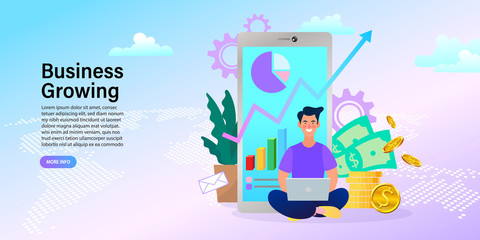 Naklejka premium successful businessman pointing at chart going up. Graph to success. Business growing. Vector flat design illustration. 