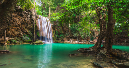 Beautiful nature scenic landscape Erawan waterfall in deep tropical jungle rain forest, Attraction...