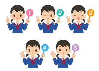 数字の札を持った女の子　セット　高校生　中学生　イラスト