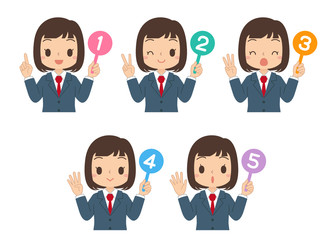 Fototapeta premium 数字の札を持った女の子 セット 高校生 中学生 イラスト