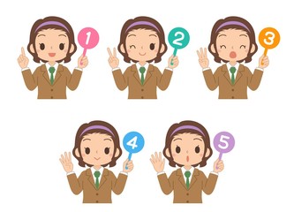 数字の札を持った女の子　セット　高校生　中学生　イラスト