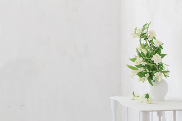 jasmineflowers in vase on background old wall