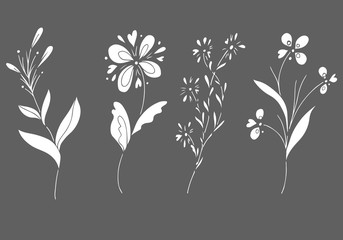 Big outline set of summer tropical flowers. Floral botanical flower set isolated on gray background. Hand drawn vector collection. Botanical Hawaii nature. Tropical palm icon. Hawaiian collection
