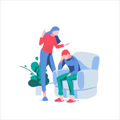 Wife shouting at husband. Upset man sitting on armchair. Husband and wife characters arguing and quarreling. Family conflict between spouses, relationship problems, divorce cartoon vector illustration