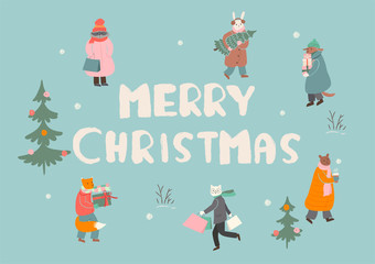 Merry christmas greeting card or poster. The animals are preparing for the winter holidays. Vector graphics.